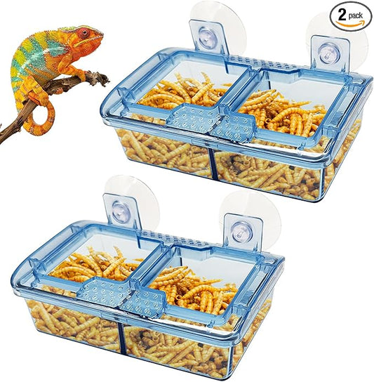 Hamiledyi Transparent Reptile Feeder with Suction Cup Separated Double Compartments Chameleon Bowl Gecko Live Worm Feeder Anti-Escape Reptile Supplies for Lizard Bearded Dragon (Blue, 2 Pcs)