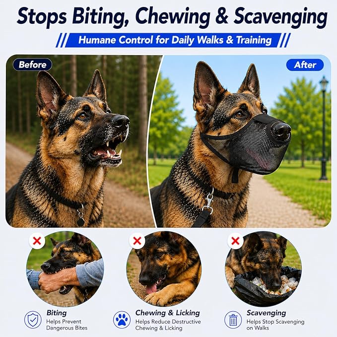 Dog Muzzle with Front Opening for Training and Treats, Breathable Air Mesh Muzzle for Biting Chewing Scavenging, Soft Lightweight Adjustable Mouth Guard for Small Medium Large Dogs (Black,XL)