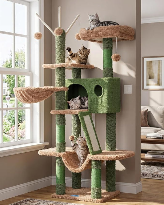 Hey-brother Cat Tree, 53 inch Cat Tower for Indoor Cats, Cat House with Padded Platform Bed, Toy Balls, Large Cozy Condo, Hammocks and Sisal Scratching Posts, Cactus MPJ019SCA