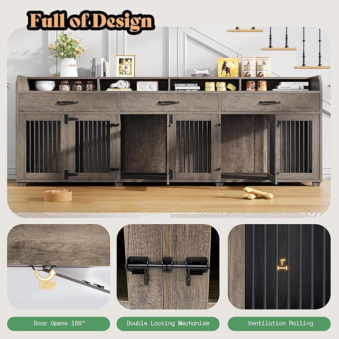 AMERLIFE 95" Large Dog Crate Furniture, Multi-Functional TV Stand with Storage Drawers & Removable Divider for Medium/Large Dogs, Grey