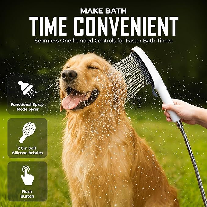 Dog Shower Attachment with 4 Spray Modes, 6.5ft Stainless Steel Hose & Metal Diverter – Easy-Install Kit with Grooming Gloves and Absorbent Microfiber Pet Towel – Indoor/Outdoor Use