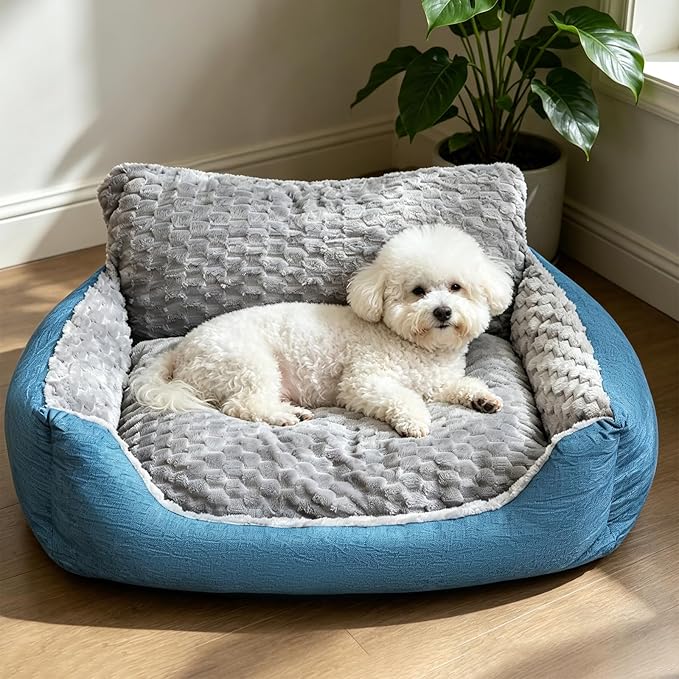 Small Dog Bed & Cat Sofa, 24"x20"x12" Soft Plush Calming Pet Bedfor Deep Sleep, All-Season Faux Fur Linen Orthopedic Puppy Bed with Non-Slip Bottom, Machine Washable, Fits Pets up to 17 Ibs
