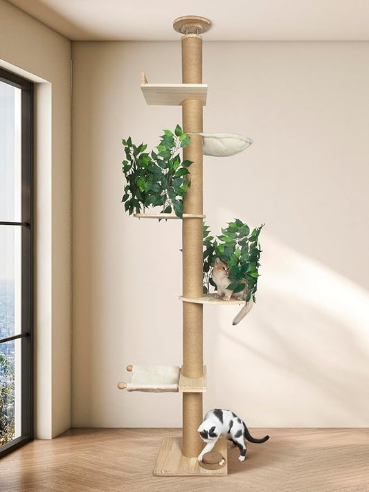 Fantasreen Cat Tree Floor to Ceiling Cat Tower Ajustable Height 97.1-124.4 Inches Tall and 4.5 Inches Thickened Post Large Cat Tree Tower for Indoor Cats Modern