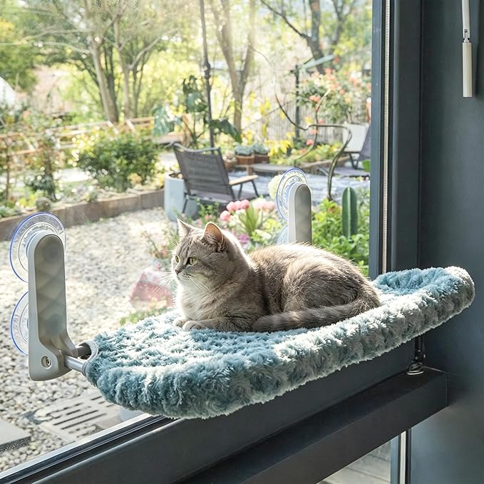 YUNIQUE Cat Window Perch with Cushion Rim, Upturned Edge Bracket, Portable Wall Hammock for Indoor Cat, Green