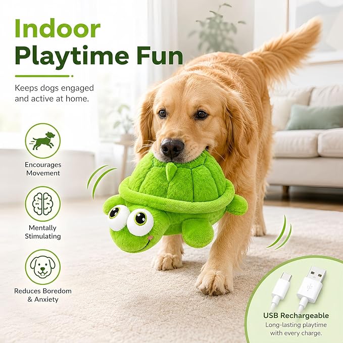 Interactive Dog Toys, Moving Turtle Dog Toy with Bouncing Ball & Music, Rechargeable Plush Dog Toy for Small Medium Large Dogs, Automatic Self Play Dog Toy to Keep Dogs Busy for Indoor Outdoor Play