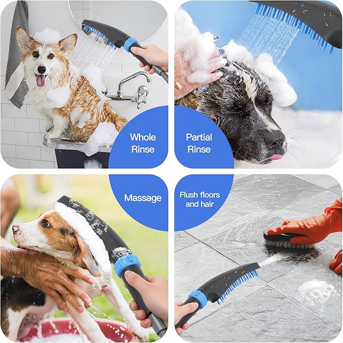 Pet Wand Shower Sprayer, Dog Shower Attachment, 1.8GPM Dog Shower & Bath Accessories with Faucet Head Hook Valve 9.8 Ft Steel Hose for Dogs Cats Bath Indoor Outdoor Blue & Grey