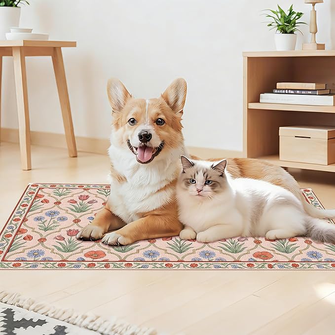 Vintage Floral Pet Feeding Mat, Absorbent Dog & Cat Food Mat for Bowl, Non-Slip Quick Dry Pet Placemat Floor Protector for Messy Drinkers(17 x 30 in)