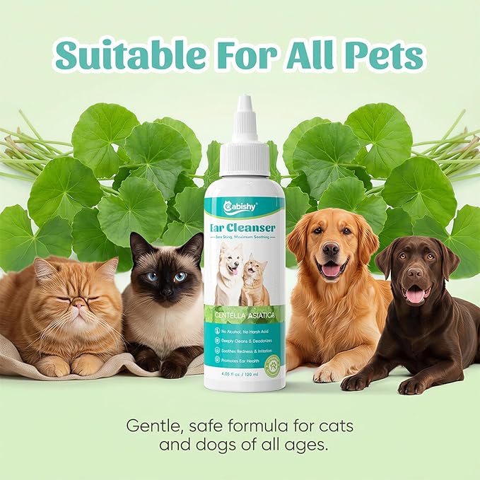 Cabishy Dog & Cat Ear Cleaner for Itchy, Smelly Ears – Gentle Ear Wax Removal & Soothing Ear Wash with Centella Asiatica, Alcohol-Free Pet Ear Cleaning Solution for Dogs & Cats (4oz)