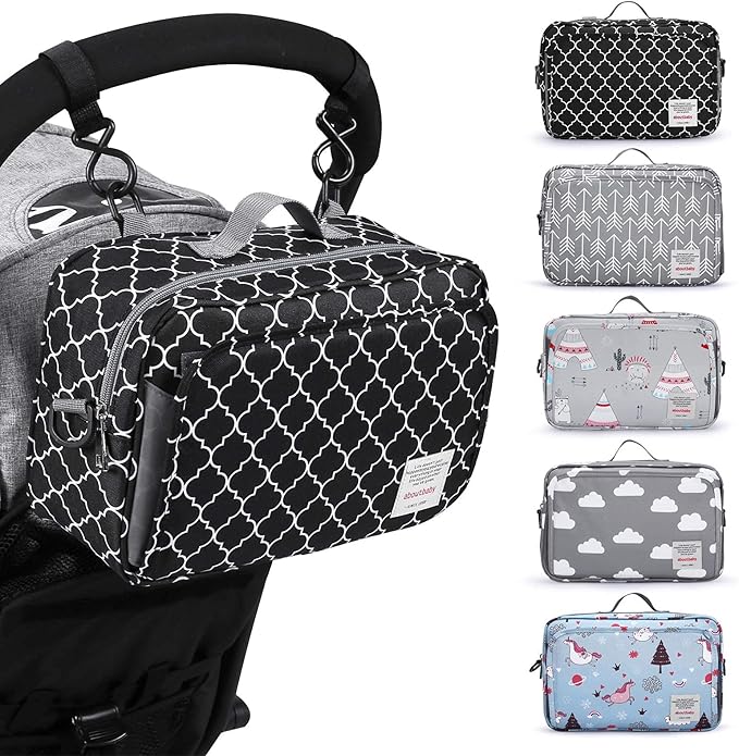 GOGOSO Small Diaper Bag, Mini Stroller Organizer Accessory with Wipe Pockets Caddy Parent Console with Hook Fit All Strollers, Black