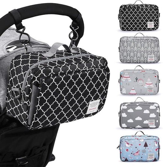 GOGOSO Small Diaper Bag, Mini Stroller Organizer Accessory with Wipe Pockets Caddy Parent Console with Hook Fit All Strollers, Black