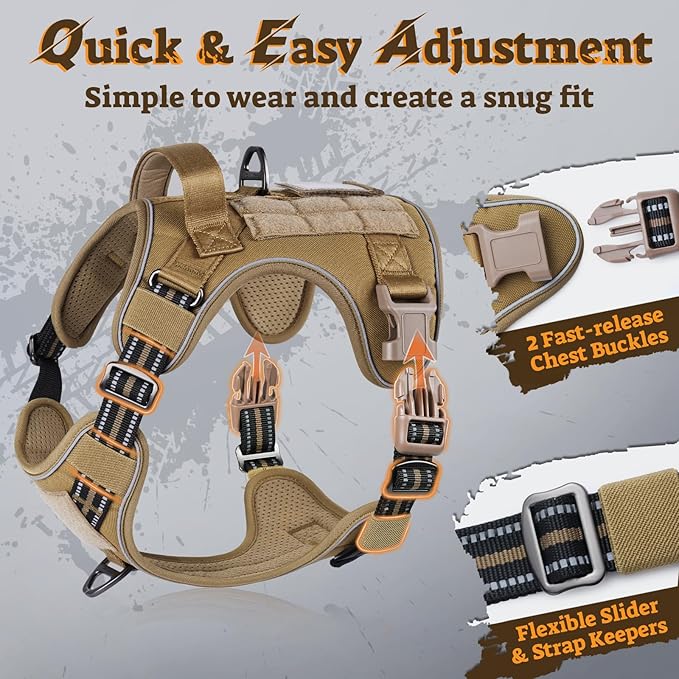 rabbitgoo Tactical Dog Harness for Large Dogs No Pull Adjustable Military Vest with Handle MOLLE Reflective Heavy Duty Dog Vest for Walking Training Hunting Outdoor Working Medium Size Dog Brown M