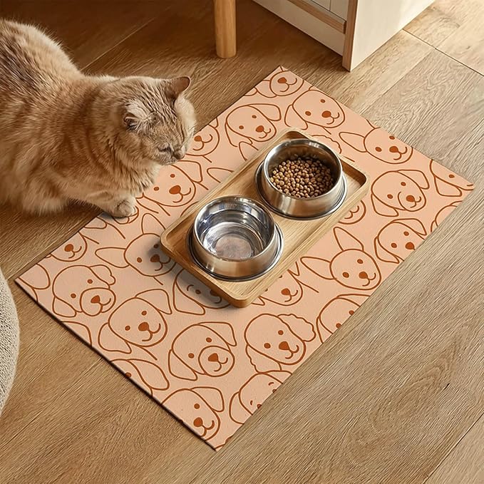 HOMETITUTE Adorable Cute Dog Faces Pattern Pets Food Mat Spill-Proof Pets Feeding Mats Cats Food and Water Bowl Pet Easy Clean Fast Dry Pet Mats for Foods and Water Mat for Cat Dogs 20" x 12"
