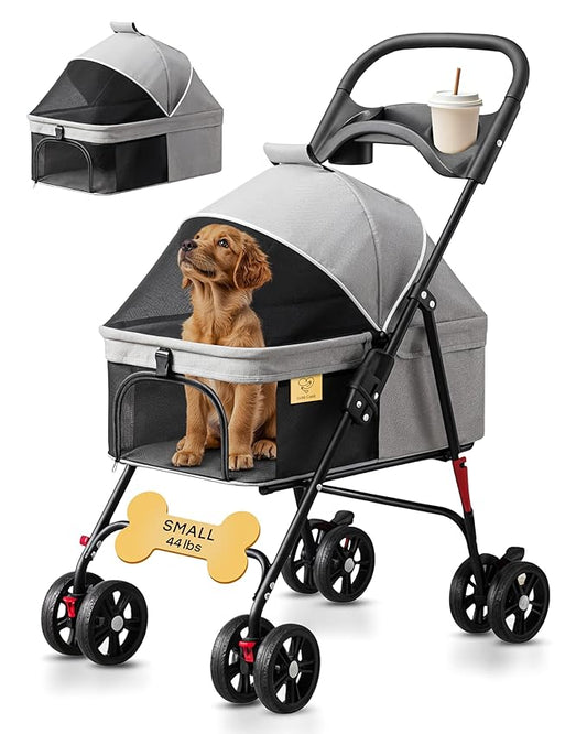 4 Wheel Foldable Pet Stroller - Lightweight Dogs and Cats Stroller Upto 44lbs with Mesh Canopy, Storage Basket and Cup Holder, Durable for Walks and Outings (Small)