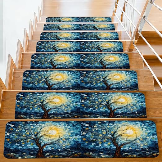 Abstract Tree Starry Sky Stair Treads for Wooden Steps Indoor Washable Staircase Carpet 10PCS 30"x7.8" Stair Step Treads Non-Slip Staircase Covers Peel and Stick Safety Mat for Kids Elders Pets