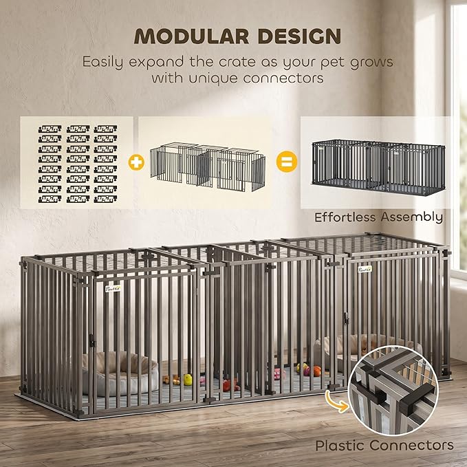 PawHut 83" L Heavy Duty Dog Crate, Extra Large Metal Cage Kennel with Divider and Mat, Modular Pet Playpen for Small Medium Large Breeds, Double Doors, Indoor Outdoor Use, Black