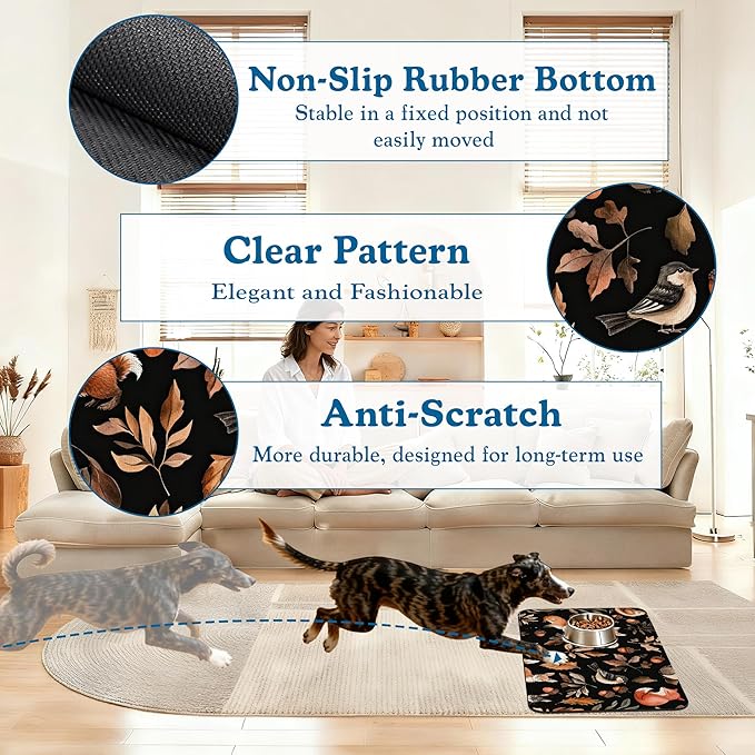Wild Forest Animals Pet Feeding Mat–Quick Dry Absorbent Dog Cat Food Mat, Non Slip Waterproof Bowl Placemat for Messy Eaters, Pet Accessories for Floors 12"x20"