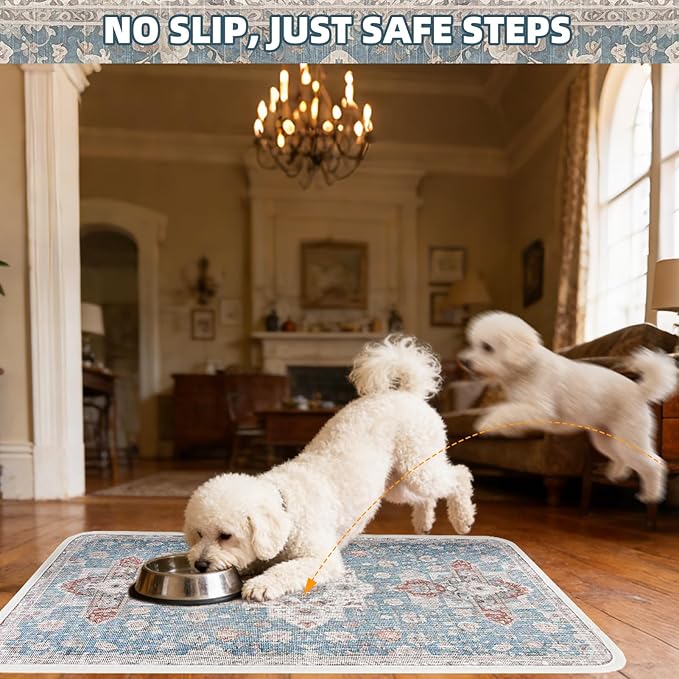 PUPTECK Dog Food Mat, Absorbent Pet Feeding Bowl Mat, Non-Slip Dog Mat for Food and Water, Quick Dry No Stains Cat Placemats Pet Supplies for Messy Drinkers, Blue 16"x24"