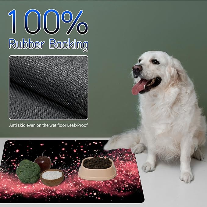 Dog Food Mat, 19.6" x 23.6" Absorbent Pet Feeding Mat for Food and Water, Waterproof Diatom Mud Pet Placemat with Non-Slip Rubber Backing, Easy Clean Cat Bowl Mat for Floors - Pink Sparkle