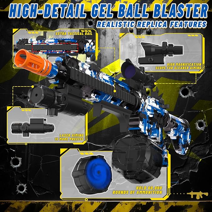 Electric Gel Ball Blaster, High Speed Automatic Splatter Ball Blaster with 60000+ and Goggles, Rechargeable Splatter Ball Toys for Outdoor Activities Shooting Game Party Favor- Blue