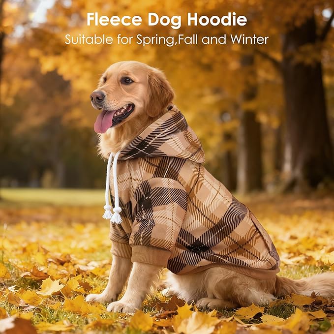 Dog Basic Hoodie Soft Dog Clothes Cold Weather Sweaters for Medium Large Dogs Cozy Fabric Warm Sweatshirt with Leash Hole for Boys (Khaki Plaid, Small (5-10 lbs))