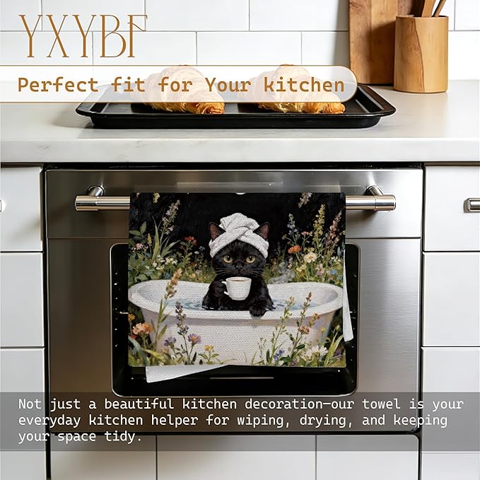 Funny Black Cat Hand Towels for Bathroom Washroom Spa Decor 16x24 Inches, Black Cat Gifts for Women, Floral Coffee Kitty Bathroom Hand Tea Towels Decorative