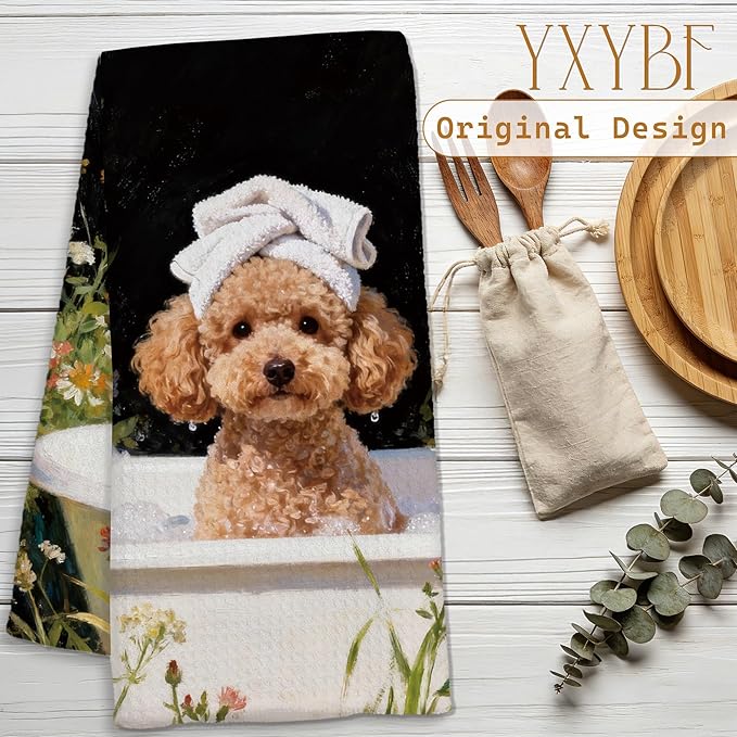 Funny Poodle Hand Towels for Bathroom Washroom Spa Decor 16x24 Inches, Poodle Gifts for Women Dog Lovers, Floral Dog Bathroom Hand Tea Towels Decorative