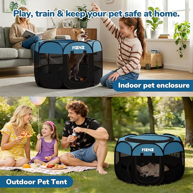 Dog Cat Playpen, Portable Small Animal Playpen Crate Indoor for Dogs Cats Rabbits, Foldable Guinea Pigs Bunny Cage Enclosure Outdoor, Pop Up Dogs Cats Tent Kennel with Carrying Case, Blue Black