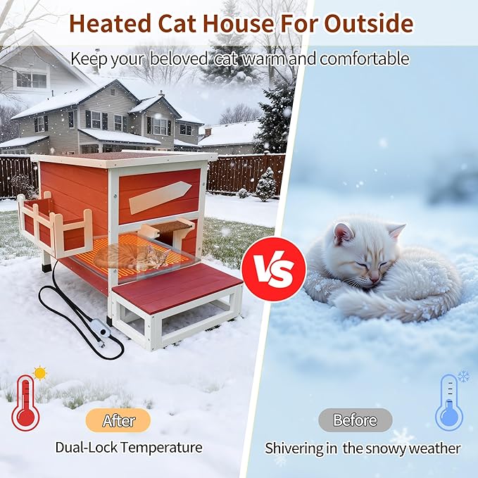 Rockever Heated Cat House for Outside Cats in Winter, Large Heated Cat Houses with Heating Pad, Wooden Outside Cat Shelter Weatherproof with Escape Door(Red)
