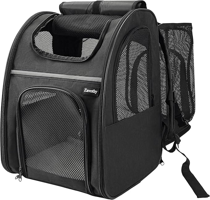 Zavothy Cat Backpack Carrier – Expandable Airline Approved Pet Travel Bag for Cats & Small Dogs, Breathable Mesh Pet Carrier Backpack with Padded Base (Black)
