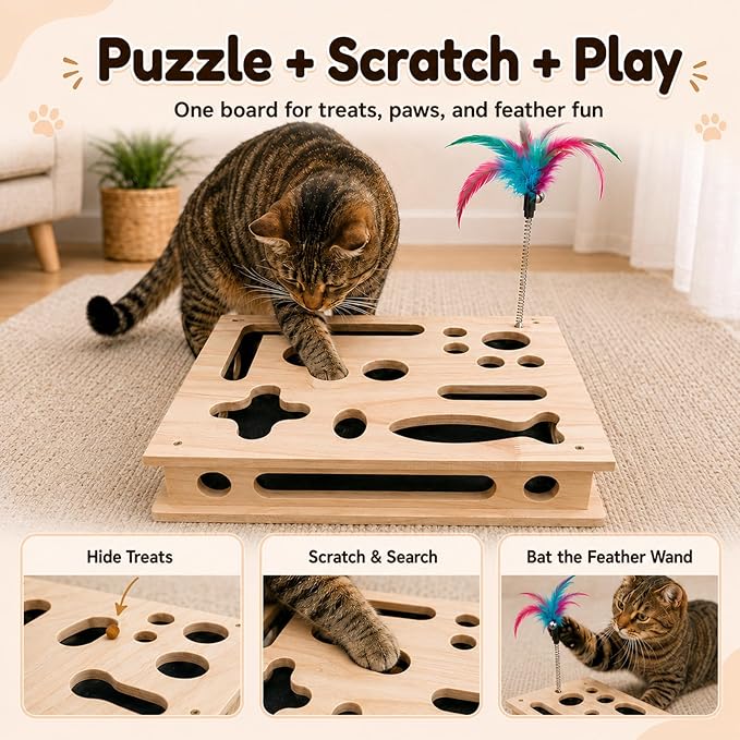 Large Cat Nail File Box for Cats, Wooden Cat Scratch Puzzle Enrichment Box with Sandpaper Liner, Feather Wand & 3 Balls, Interactive Cat Toy for Indoor Cats