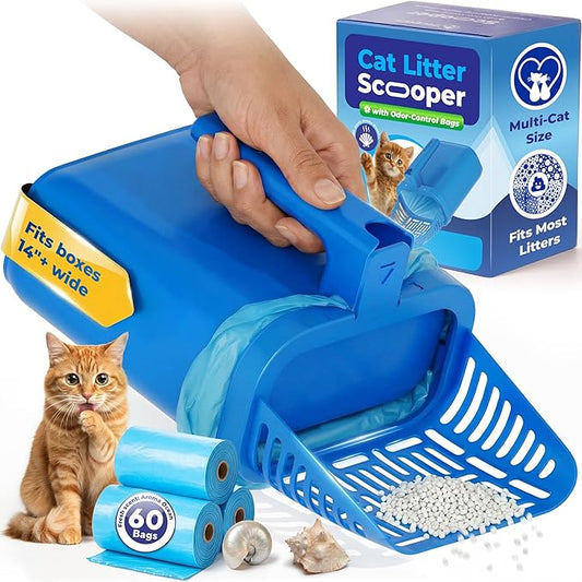 PetLovers Cat Litter Scooper with Built-in Bag, No-Touch One-Handed Kitty Litter Scoop for Open-Top Boxes 14+ Inches Wide, Hinged Clumping Poop Shovel, Seal & Toss Waste System (Bags Included)