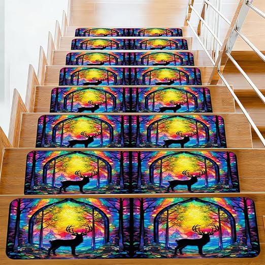 Animal Colorful Deer Stair Treads for Wooden Steps Indoor Washable Staircase Carpet 10PCS 30"x7.8" Stair Step Treads Non-Slip Staircase Covers Peel and Stick Safety Mat for Kids Elders Pets