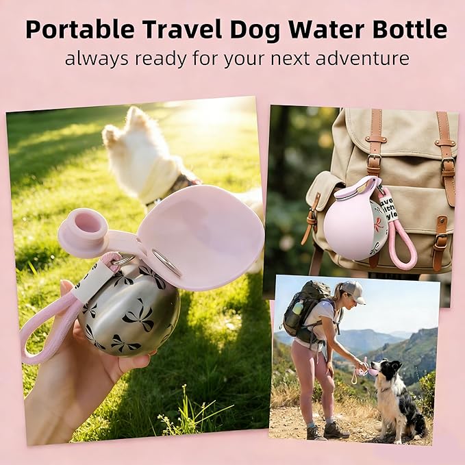 2 in 1 Portable Dog Water Bottle with Foldable Silicone Bowl, 10 Oz Travel Water Bottle for Dogs Drinking, Leakproof Stainless Steel Pet Water Bowl for Outdoor Walking Hiking Camping (Pink no Print)