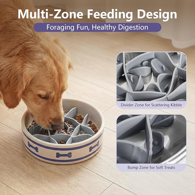 Silicone Dog Slow Feeder Bowl Insert with Suction Cups, Cuttable Food-Grade Lick Mat Divider Fits Stainless Steel Ceramic Glass Dog Bowls, Helps Slow Down Eating, Grey