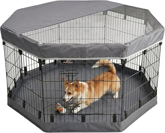 PJYuCien Octagonal Dog Playpen with Top Cover and Bottom Pad - Metal Foldable Exercise Pen, 8 Panels 30" H x 24" W Indoor Outdoor Pet Fence Puppy Crate Kennel, Gray