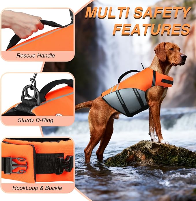 VIVAGLORY Sports Style Dog Life Vest, Dog Life Jacket for Swimming & Boating, Ripstop & Buoyancy for Puppy Doggy, Lifejacket with Handle, S, Bright Orange
