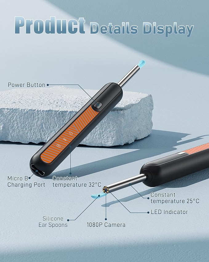 Loyker Ear Wax Removal Tool Camera, Ear Cleaner with 1080P Camera, Earwax Removal Cleaning Kit with 6 Ear Pick, Otoscope for iPhone, iPad, Android Phones, Orange