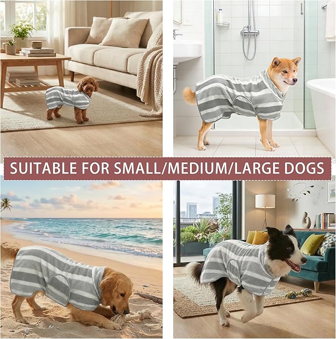 Fast Drying Dog Bath Robe, Super Absorbent Stripes Dogs Towel, Adjustable Warm Keeping Pet Puppy Bath Supplies (Grey, L)