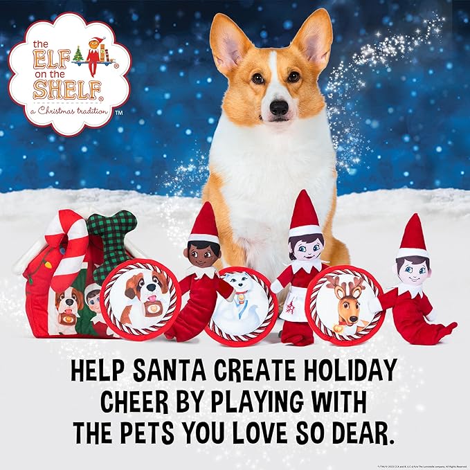 The Elf on the Shelf 2pc Dog Toy Set with Elastic Scout Elf + Elf Pets Saint Bernard Plush Flattie Disk, Squeaky Dog Toys | Bungee Dog Toys for Tug | Stocking Stuffers for Dogs