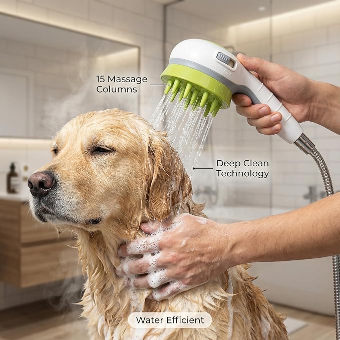 3-in-1 Pet Bathing Shower Head with Soft Massage Bristles – One-Touch Spray Control, Anti-Splash Guard & Non-Slip Handle for Dogs & Cats, Fits Standard Faucets & Garden Hoses (ivory white)