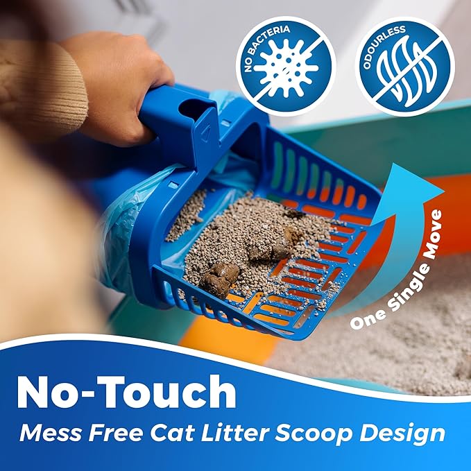 PetLovers Cat Litter Scooper with Built-in Bag, No-Touch One-Handed Kitty Litter Scoop for Open-Top Boxes 14+ Inches Wide, Hinged Clumping Poop Shovel, Seal & Toss Waste System (Bags Included)