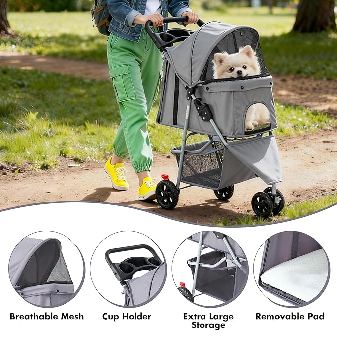 NEWBULIG 3 Wheel Pet Stroller for Dogs and Cats, Foldable, Lightweight and Durable, Ideal for Small to Medium Pets, Includes Storage Basket and Cup Holders