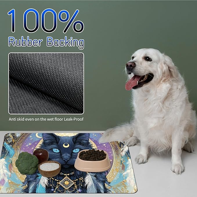 Dog Food Mat, 19.6" x 23.6" Absorbent Pet Feeding Mat for Food and Water, Waterproof Diatom Mud Pet Placemat with Non-Slip Rubber Backing, Cat Bowl Mat for Floors - Feathered Black Cat