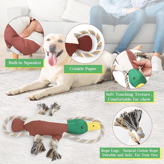 Letsmeet Lesmeet Upgraded Duck Dog Toys Puppy Toys with Crinkle Paper and Squeaker, Interactive Tug of War Dog Toy for Small, Medium, and Large Breeds