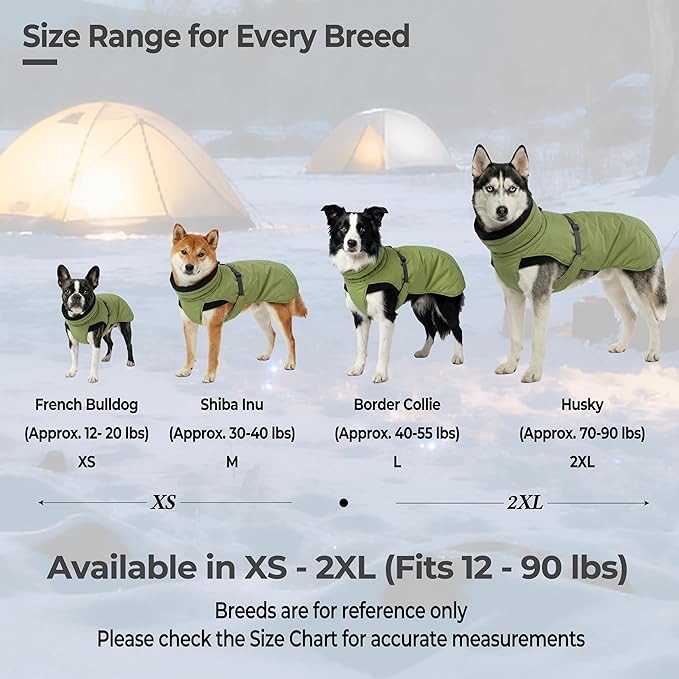 Dog Winter Coat, Warm Puffer Jacket with Fur-Safe Buckle & Leash Hole for Cold Weather, Water-Repellent Snow Vest, Breathable Thermal Apparel for Hiking & Active Dogs (Green, XX-Large)
