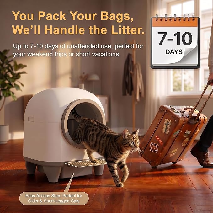Greesum UltraSmart AutoClean Litter Box - 90L Large Capacity for Multi-Cat Households with Safeguard Tech, APP Control, Odor-Free Design & Mat/1 Roll Litter Bag