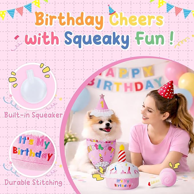KIPRITII Dog Birthday Party Supplies – Pink Dog Squeak Toys, Birthday Bandana & Hat for Small Dogs, Interactive Puppy Plush Toys to Relieve Boredom