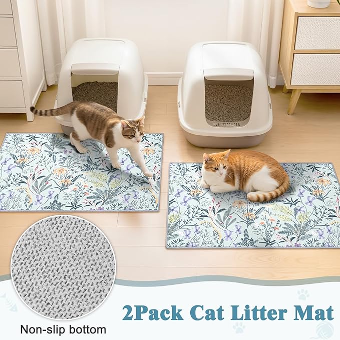Bienbee Cat Litter Mat, 2PCS 33"x22" Machine Washable Litters Box Mats Non-Slip &Waterproof Cat Litters Trapping Mats Easy to Clean Mat for Litter Box Less Waste Protects Floors Green Leaves L