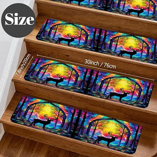 Animal Colorful Deer Stair Treads for Wooden Steps Indoor Washable Staircase Carpet 15PCS 30"x7.8" Stair Step Treads Non-Slip Staircase Covers Peel and Stick Safety Mat for Kids Elders Pets