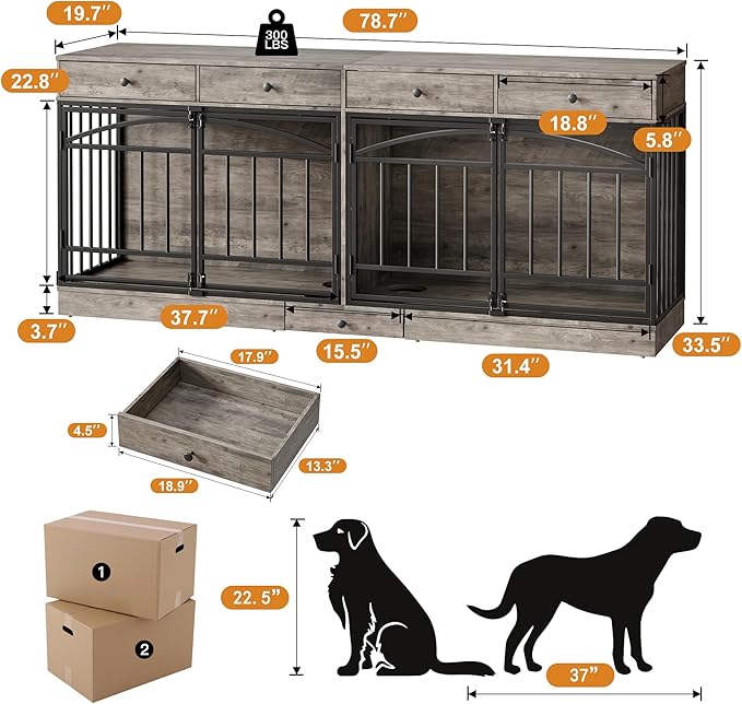 GarveeHome Dog Crate Furniture for 2 Dogs, Dog Kennel Indoor with 4 Storage Drawers and Feeding Bowls, Double Dog Crate TV Stand for Small Medium Dogs, Grey